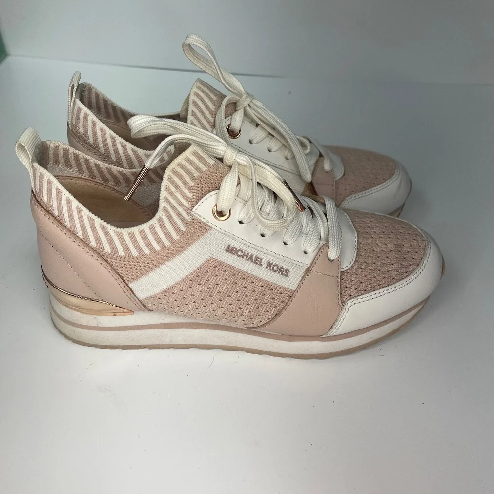 Women’s Michael Kors Size 6 Pink Tennis Shoes with Gold Accents - Picture 3 of 8